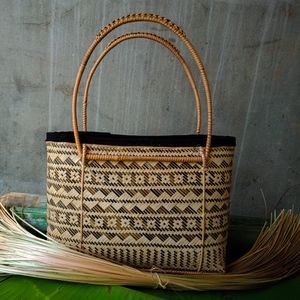 Rattan Multi-toned Woven Handbag w/Bamboo Handles